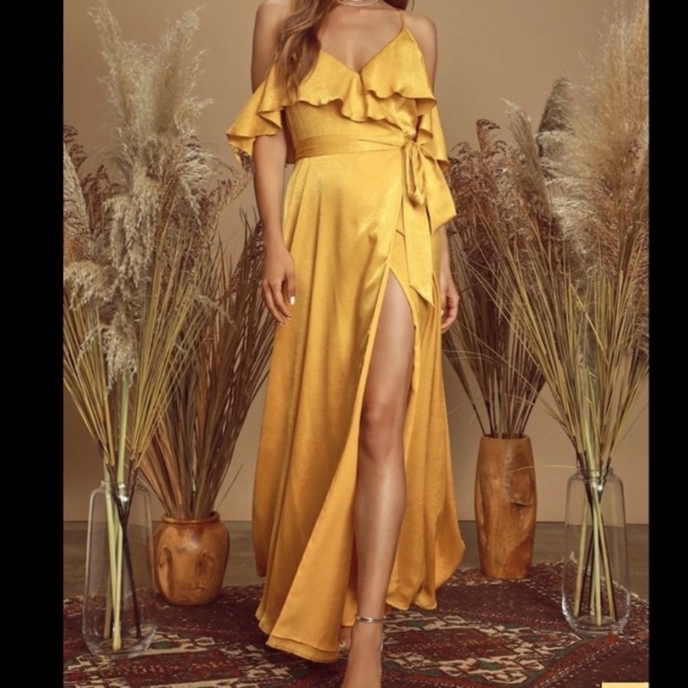 Lulu's Mustard Ruffle Maxi Dress